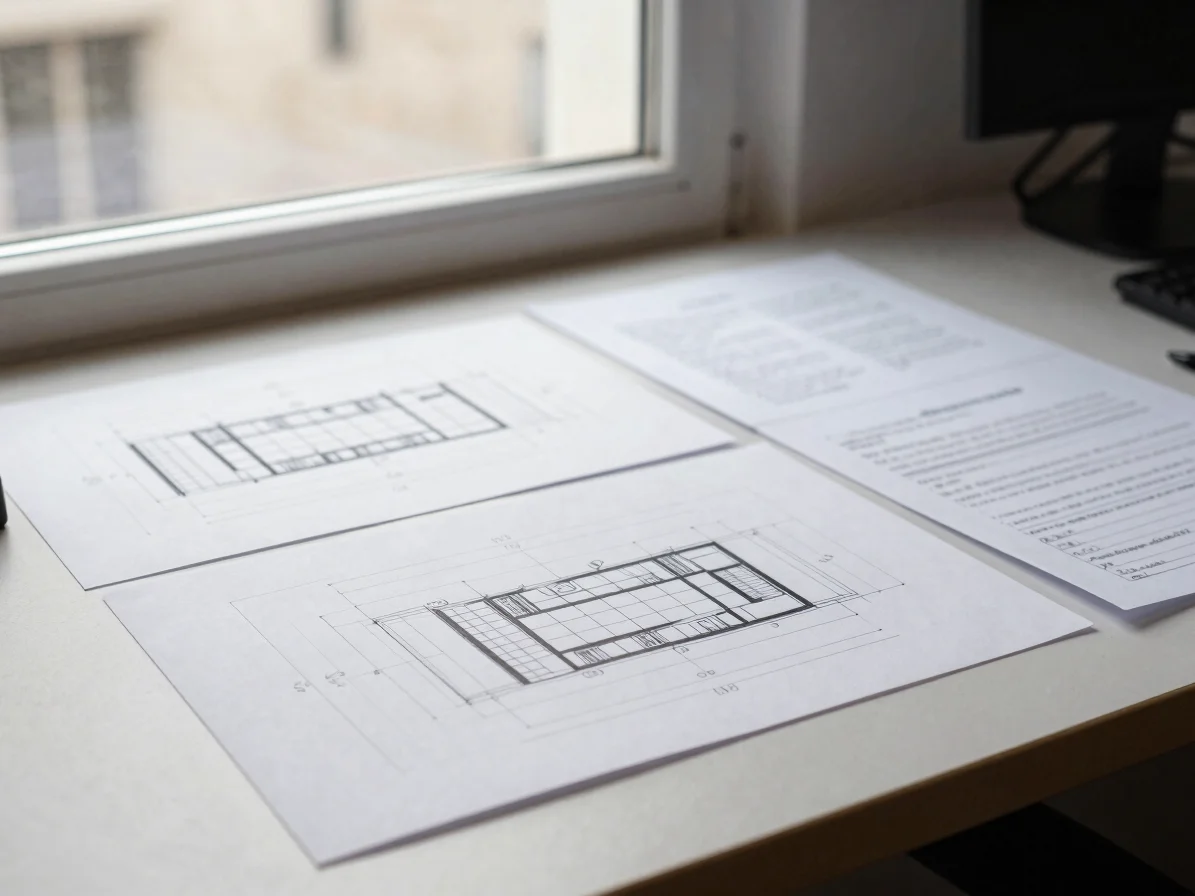 Documents de conception réels posés sur un bureau de travail, schéma d'architecture imprimé et notes manuscrites, lumièr