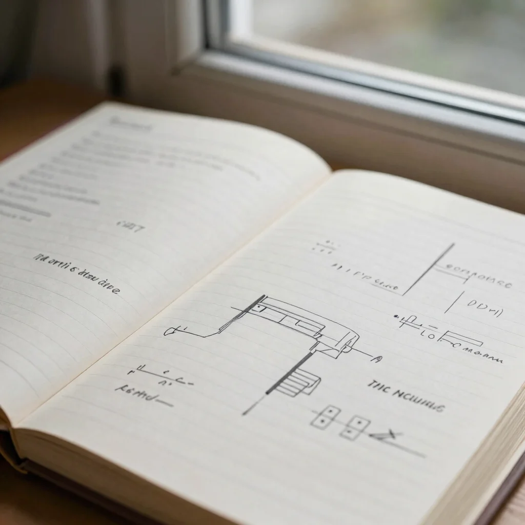 Détail rapproché d'un cahier de notes de projet ouvert avec un diagramme au crayon, lumière naturelle diffuse, cadrage d