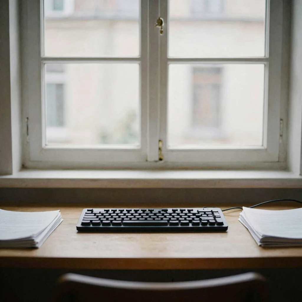 Vue large d'un poste de travail d'étude sobre, documents et clavier visibles, lumière naturelle diffuse de fenêtre, cadr