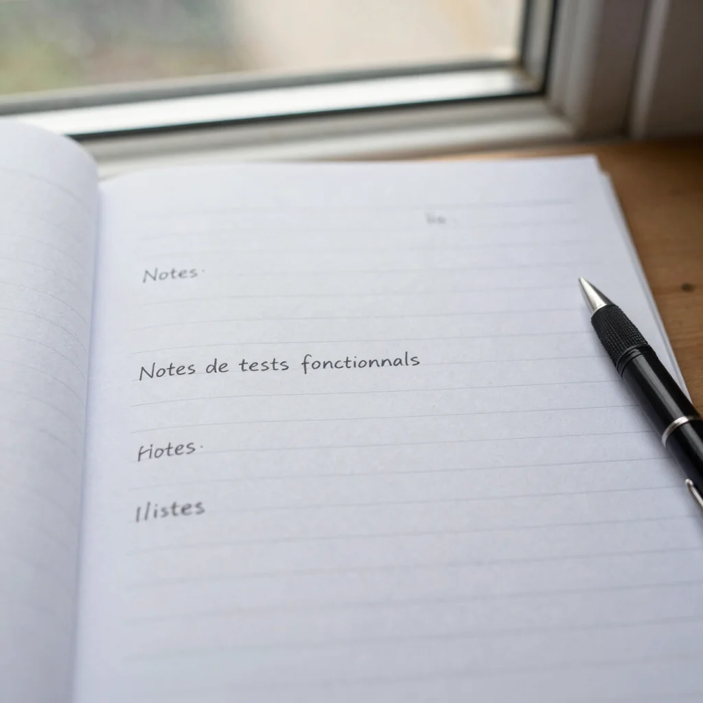 Notes de tests fonctionnels listées sur une feuille, stylo posé à côté, lumière naturelle diffuse, cadrage documentaire