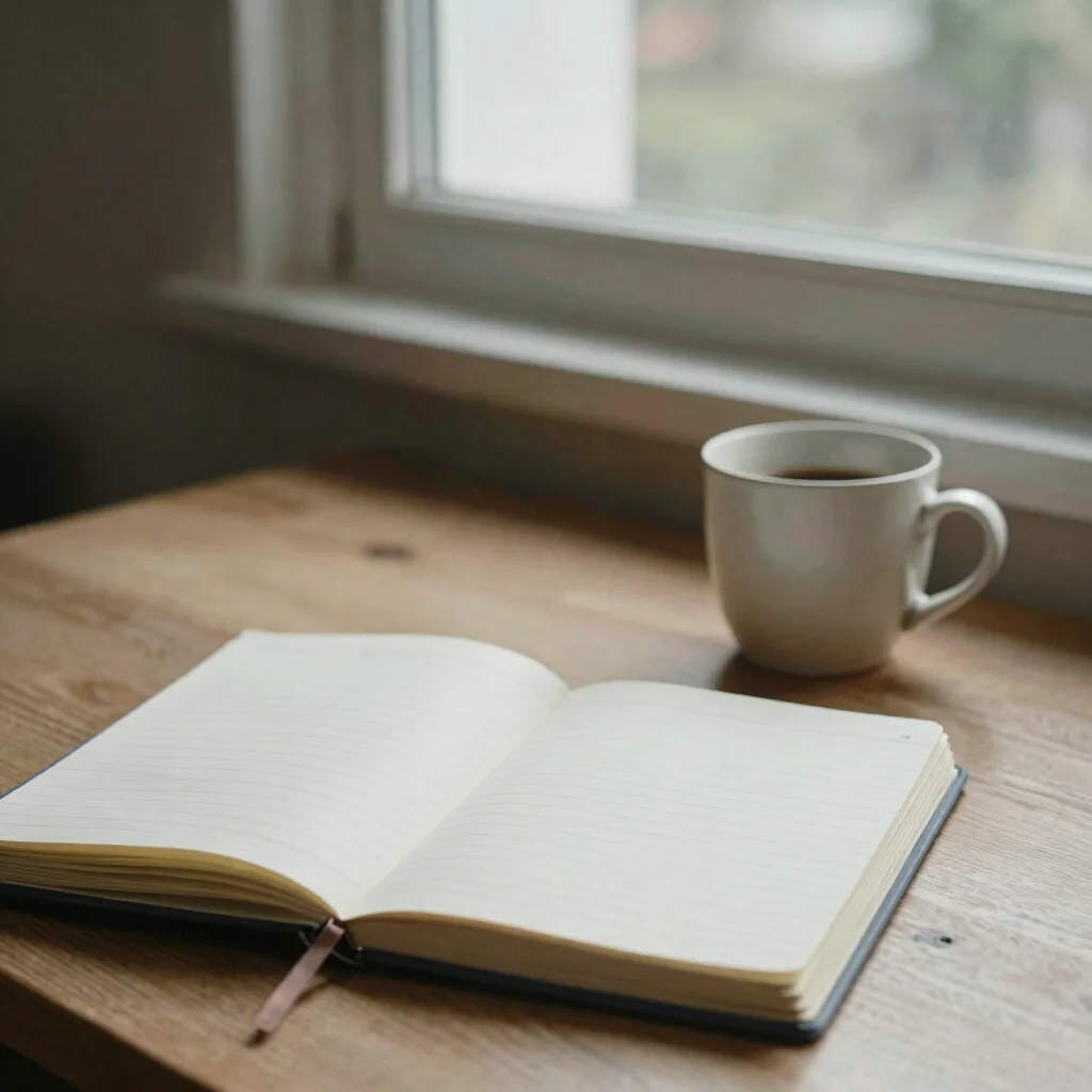Vue rapprochée d'un carnet de bord et d'une tasse sur une table d'étude, lumière naturelle diffuse, cadrage documentaire