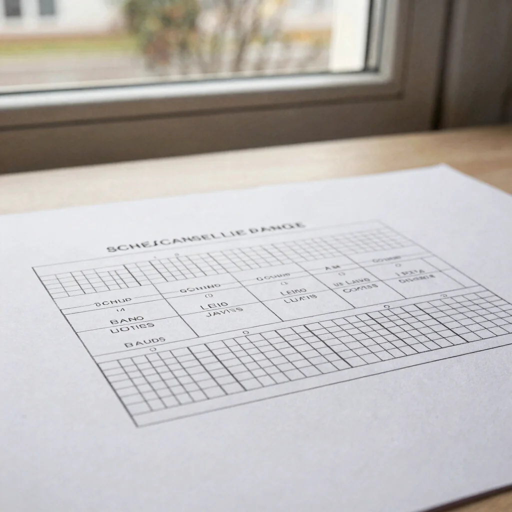 Schéma relationnel de base de données imprimé sur papier blanc posé sur un bureau, lumière naturelle diffuse de fenêtre,
